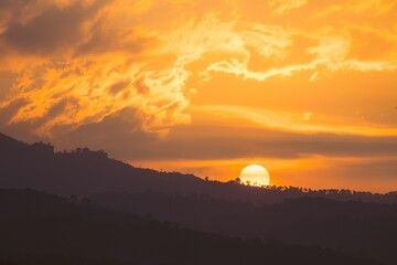 Vibrant orange sky illuminated with a sunrise and silhouetted trees in the foreground.