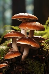 AI generated illustration of Portobello mushrooms on a mossy tree trunk