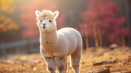 alpaca walking on the road in the forest.