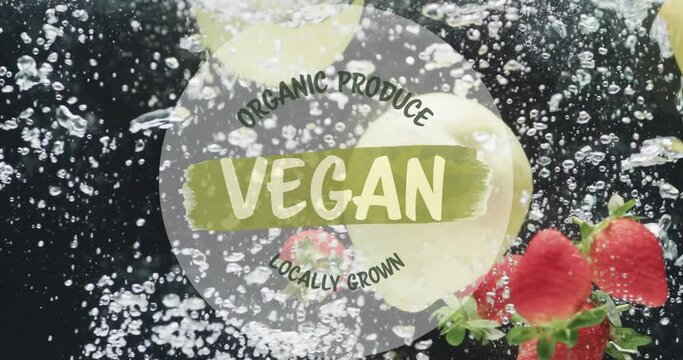 Animation of vegan food text over fruit falling in water background