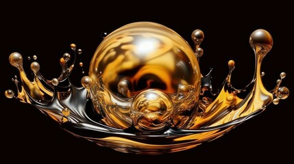 AI generated illustration of shimmering water droplets surrounding a golden liquid-filled sphere