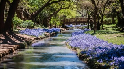 AI generated illustration of a creek with a bridge arching above it, surrounded by blue flowers