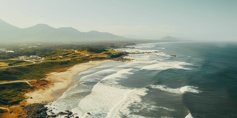 AI generated illustration of an aerial view of a coastline with rolling waves