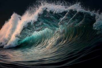 an ocean wave breaks through the water in this image a light shines on the