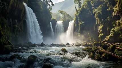 Majestic waterfalls surrounded by lush greenery. AI-generated.