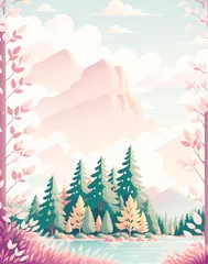 Acrylic prints Mountains the landscape is filled with trees and mountains in a cartoon style