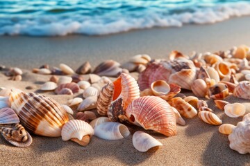 Fototapeta na wymiar AI generated illustration of a sandy beach covered with seashells - tropical summer concept