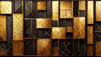 stained window in gold, intricate squares and rectangles in an abstract 3D texture wall, blending dark tones with gold accents, opulent and artistic, interior banner