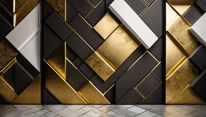  Dark geometric background banner with a noble gold and white 3D texture wall, featuring squares and rectangles, striking and luxurious, modern interior