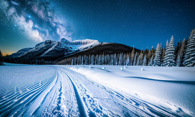 winter landscape in the mountains. Star Galaxy in the sky
