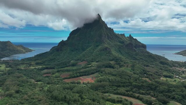 Majestic Peak Of Mount Rotui In The Island of Moorea, French Polynesia. Aerial Pullback