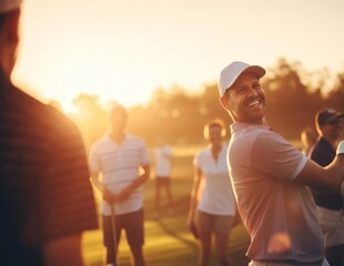 Fototapeta premium Hispanic Male Pro Golfer On Grassy Green Playing Golf At Sunset Generative AI