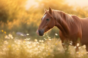 AI generated illustration of a brown horse walking in a grassy field with flowers on the side
