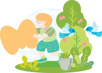 a child holding the English alphabet letter M with blue sky and beautiful green environment with birds on trees and butterflies and green plants