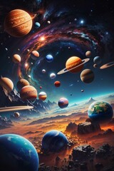 AI generated illustration of planets suspended in the sky above a vast sandy desert terrain