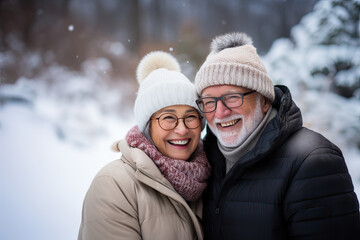 Senior adult couple outdoors in snowy winter. Generative AI.