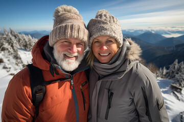 Senior adult couple outdoors in ski resort in snowy winter. Generative AI.