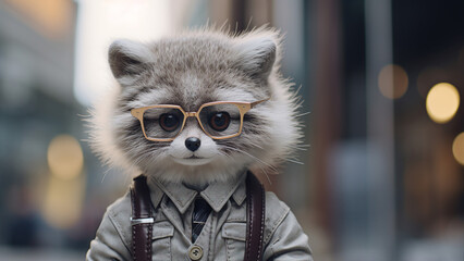 Portrait of a raccoon in glasses on the background of the city