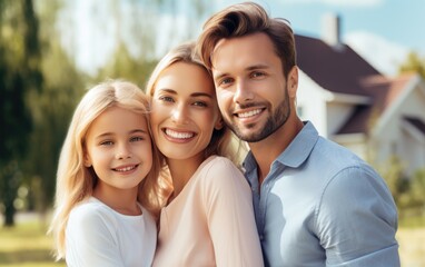 A young family with child stand against the backdrop of a new country house, smiling and looking at the camera