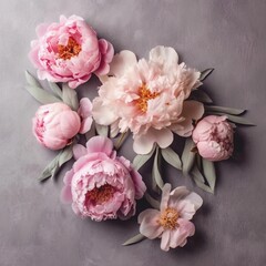 AI-generated illustration of pastel pink and peach peonies sitting on a grainy background