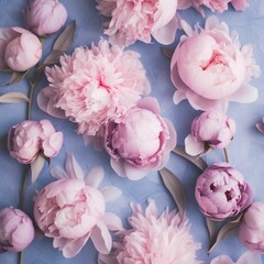 AI-generated illustration of pastel pink and purple peonies against a light blue background