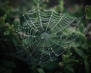 Naklejka premium AI generated illustration of a spider web covered with morning dew