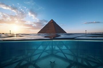 AI generated illustration of pyramids surrounded by ocean due to global warming and sea level rising - obrazy, fototapety, plakaty