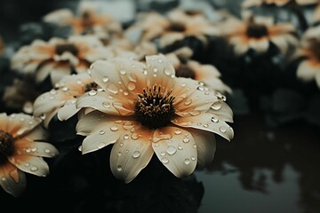 Closeup shot of a bright flower illuminated by glistening raindrops