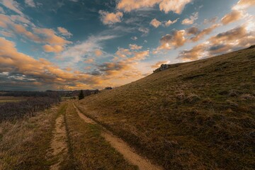 Fototapeta premium Beautiful landscape of the Swabian Jura at sunrise.