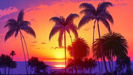Fototapeta na wymiar palm trees on the beach at sunset with a bright sky