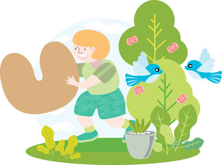 a child holding the English alphabet letter U with blue sky and beautiful green environment with birds on trees and butterflies and green plants
