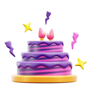 birthday party cake with ribbon confetti decoration 3d icon illustration design