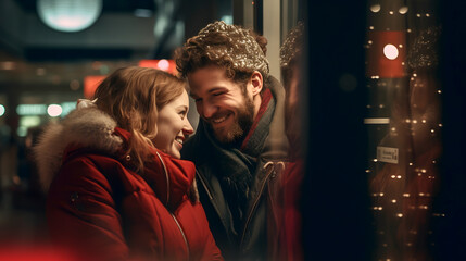 couple in love on a winter night with a light from a shop window doing Christmas shopping