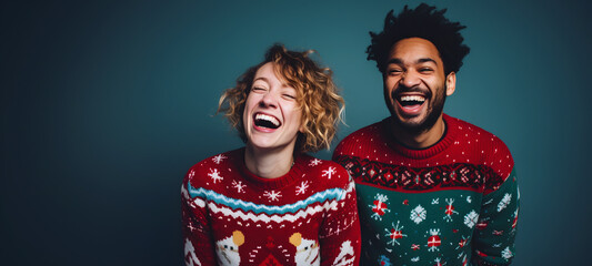 beautiful happy couple with Christmas sweaters and a blue background celebrating the Christmas and New Year holidays - obrazy, fototapety, plakaty