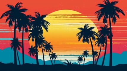 Fototapeta na wymiar AI generated illustration of a vibrant sunset over a silhouetted mountain range, with palm trees