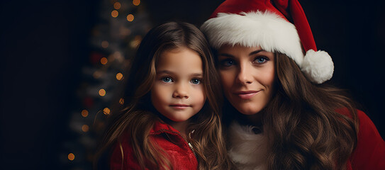 mother with her daughter hugging celebrating on christmas day - concept of single mother on christmas - obrazy, fototapety, plakaty