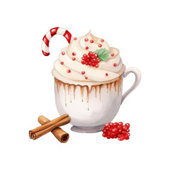 christmas desserts watercolor hot cocoa, flavored sugar, and cinnamon, with cranberries and candy canes 