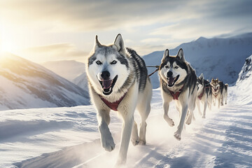 team of husky sled dogs diligently pulls a sled through the pristine and expansive Arctic mountain terrain. Shallow field of view focuses on this awe-inspiring scene. Generative AI.