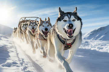 team of husky sled dogs diligently pulls a sled through the pristine and expansive Arctic mountain terrain. Shallow field of view focuses on this awe-inspiring scene. Generative AI. - obrazy, fototapety, plakaty