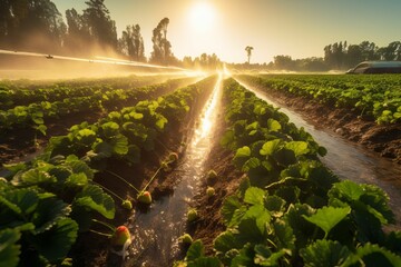 AI generated illustration of a strawberry farm with water sprinklers spraying water over the plants - obrazy, fototapety, plakaty