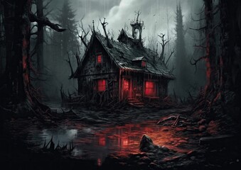 AI generated illustration of a spooky haunted house in a horror forest setting