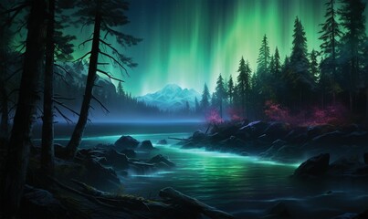 Beautiful scene of the Aurora Borealis in the night sky, AI-generated.