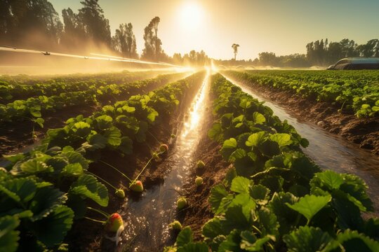 AI generated illustration of a strawberry farm with water sprinklers spraying water over the plants