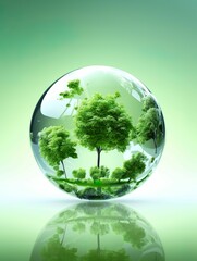 Clear glass globe showcasing a miniature forest diorama, AI-generated.