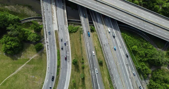 Aerial view overlooking traffic on road Autoroute 5, in sunny Gatineau, Canada