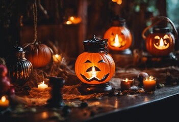 AI generated illustration of pumpkins with atop a wooden surface illuminated by flickering candles