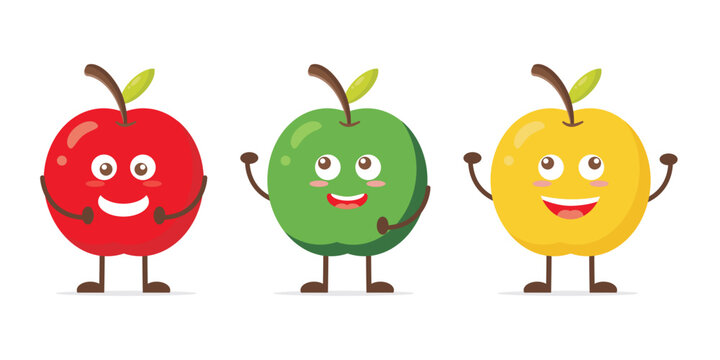 A set of vector illustrations of red, green and yellow apples. Cute character apple collection. Design with fruit concept.