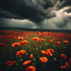 Fototapeta na wymiar a field filled with red poppies under a dark cloud