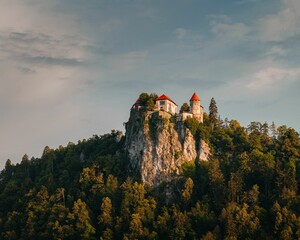 Aerial view of the historic Castle of Bled in Bled, Slovenia surrounded by green vegetation