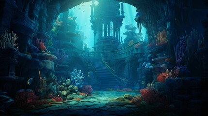 AI generated illustration of an underwater scene of the ruins of an ancient building with corals